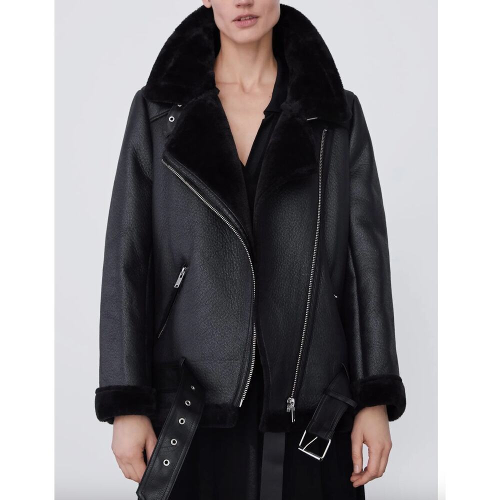 Double Faced Black Faux Leather Shearling Festival Moto Biker Jacket Size XS